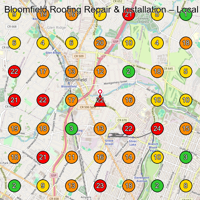 Bloomfield Roofing Repair & Installation Roofing Contractor GeoGrid ranking map for East Orange NJ